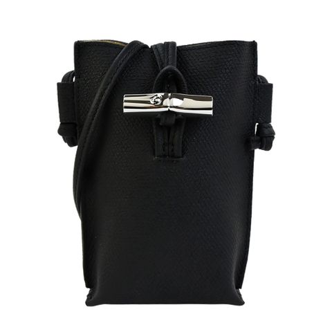 LONGCHAMP ROSEAU系列竹節卵石紋牛皮手機斜背包(黑)