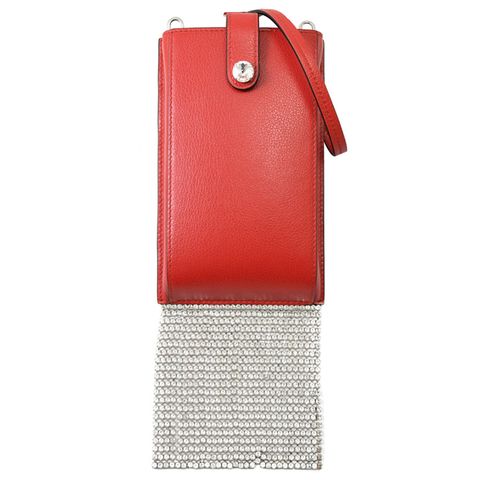 MIU MIU 水鑽流蘇裝飾小牛皮斜背手機包.紅