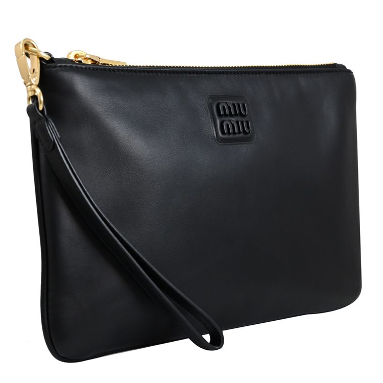 Miu Miu  SOFTY 金屬LOGO皮革拉鍊大手拿包.黑