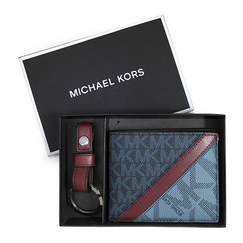 Michael Kors COOPER 咖啡色皮革條飾對開式短夾+皮革鎖圈禮盒