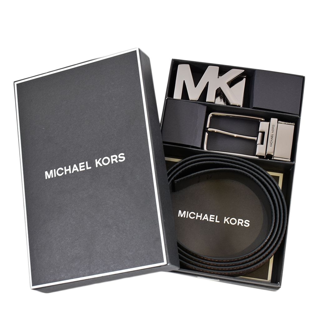 Michael Kors  男款 緹花LOGO小MK雙釦頭雙面用寬版皮帶禮盒組-咖啡色