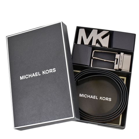 MICHAEL KORS 男款 緹花LOGO小MK雙釦頭雙面用寬版皮帶禮盒組-咖啡色