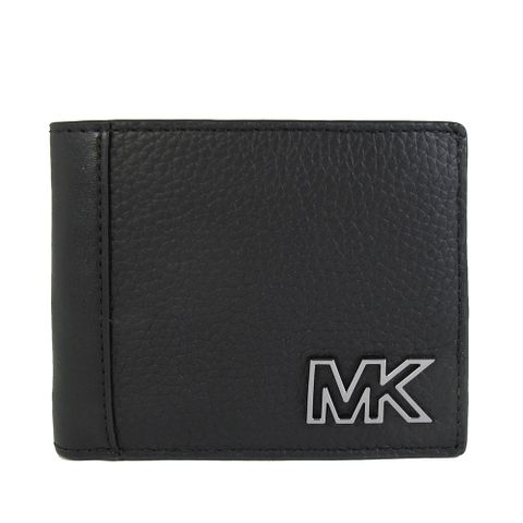 Michael Kors COOPER 銀色簍空Logo黑色鵝卵石紋皮革雙鈔票層對開式短夾(含零錢袋)