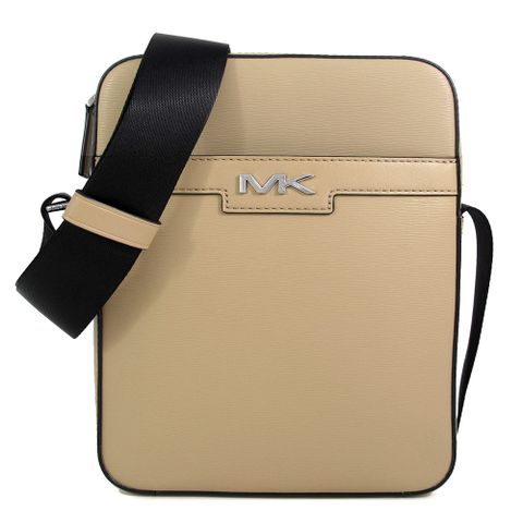 MICHAEL KORS COOPER 銀字MK駝色水波紋直立式飛行斜背包