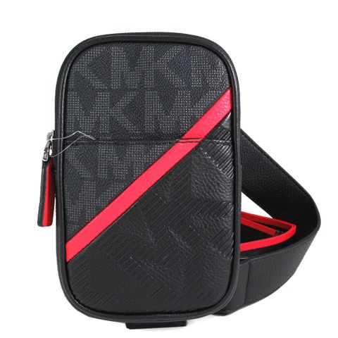 MICHAEL KORS COOPER 黑X紅色防刮滿版MK寬帶單肩/胸/斜背手機包