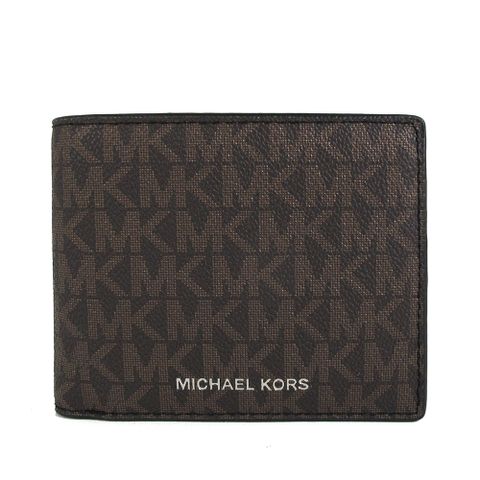 MICHAEL KORS COOPER 燙銀Logo咖黑色防刮滿版MK對開式短夾(含零錢袋)