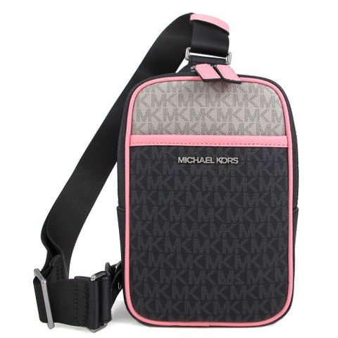 MICHAEL KORS COOPER 銀字Logo黑色滿版MK皮革滾邊單肩胸包
