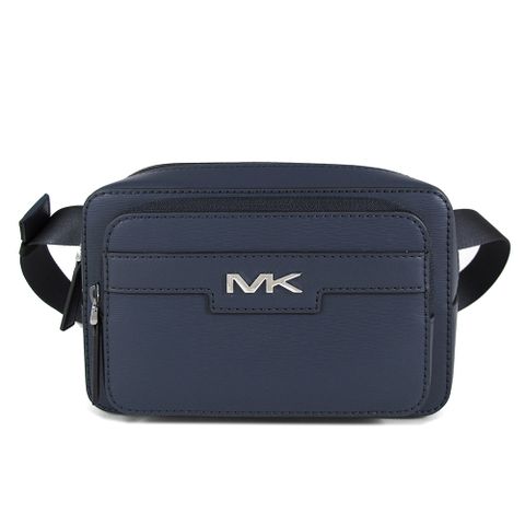 Michael Kors COOPER 銀字Logo海軍藍色防刮水波紋素面雙層腰胸兩用包