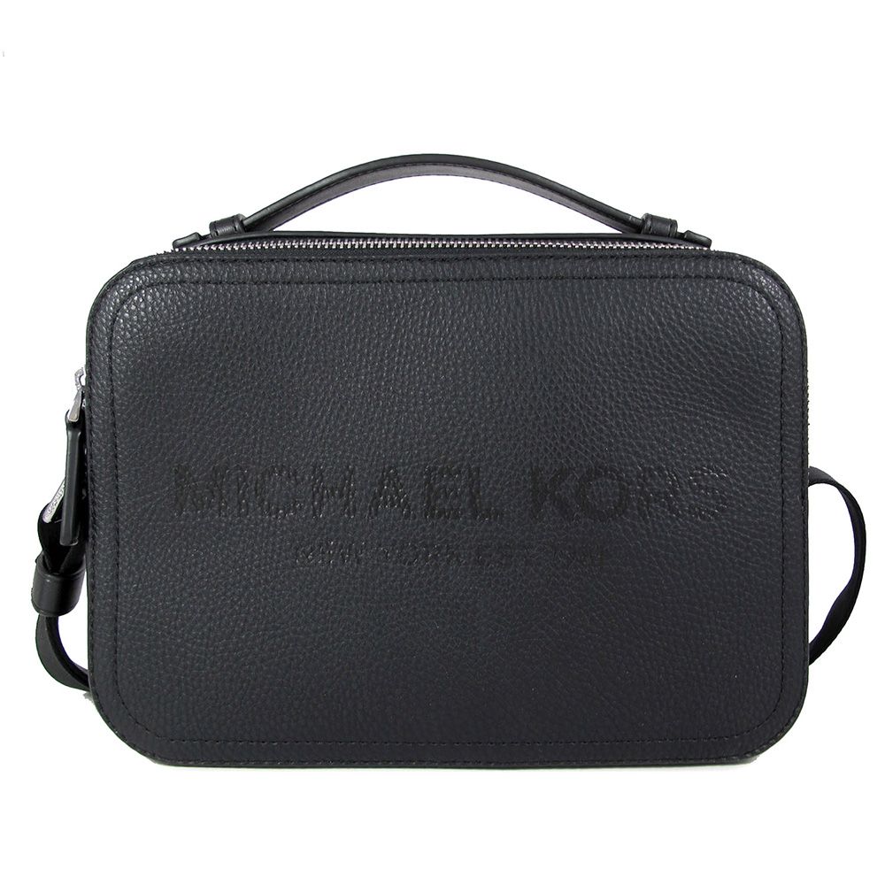 Michael Kors  COOPER 品牌大Logo黑色鵝卵石紋皮革寬背帶雙層兩用包