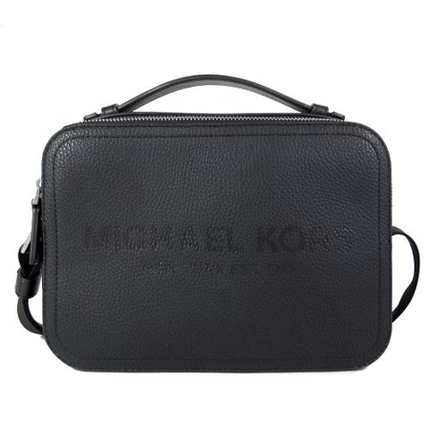 Michael Kors COOPER 品牌大Logo黑色鵝卵石紋皮革寬背帶雙層兩用包