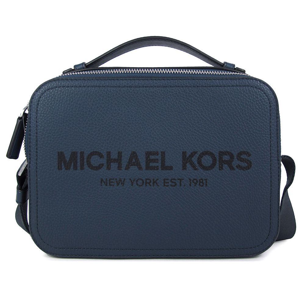 Michael Kors  COOPER 品牌大Logo海軍藍色鵝卵石紋皮革寬背帶雙層兩用包