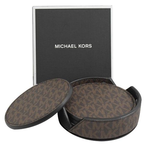 Michael Kors 經典MK印花圓形皮革杯墊4入套組.深咖