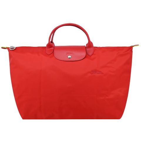 LONGCHAMP LE PLIAGE GREEN系列刺繡短把再生尼龍摺疊旅行袋(小/番茄紅)