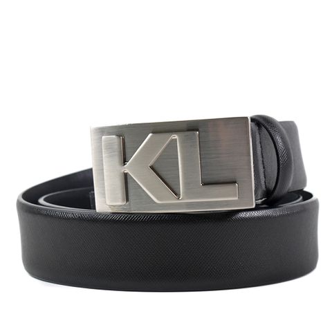 KARL LAGERFELD 男款 KL字樣防刮皮革皮帶-黑色-30吋