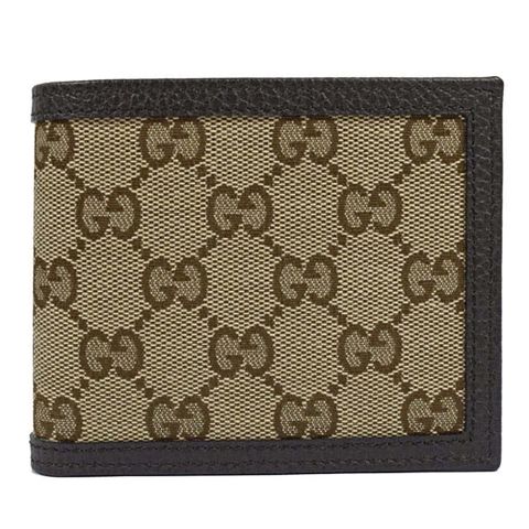 GUCCI 260987 經典雙G LOGO緹花布皮飾邊多卡短夾.駝/深咖邊