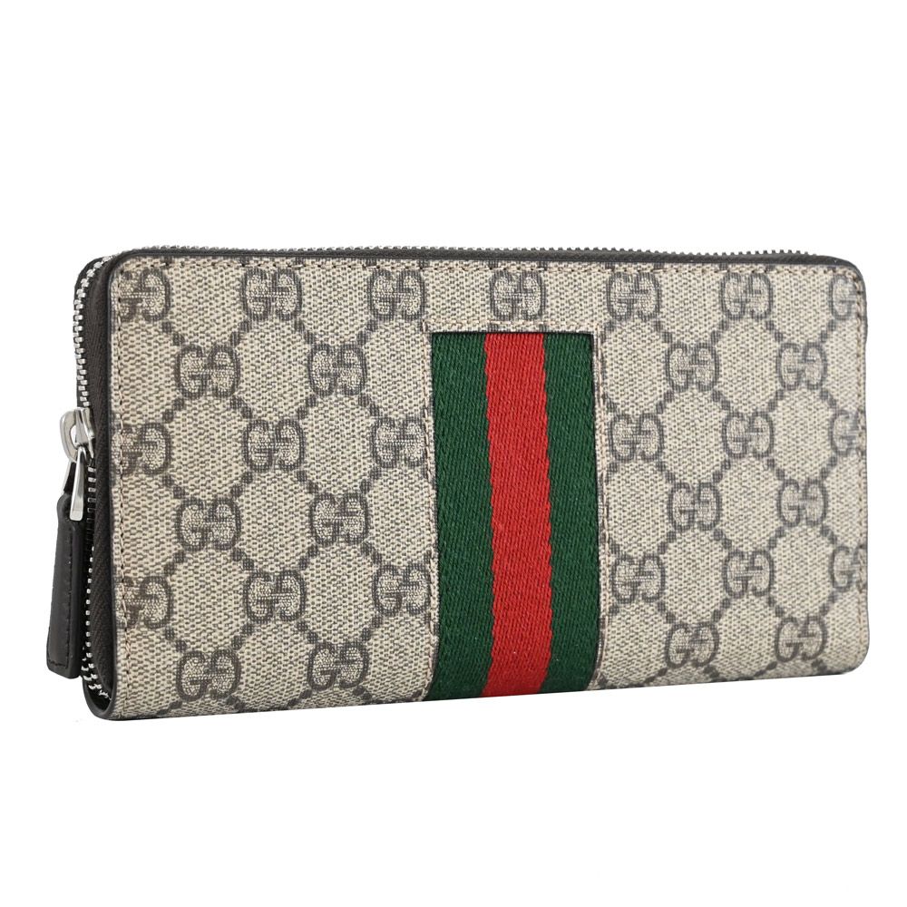 GUCCI 古馳  經典印花拼接織帶拉鍊長夾.駝色