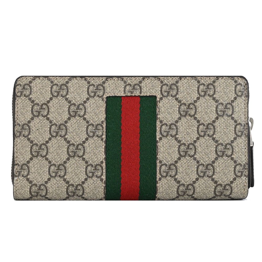 GUCCI 古馳  經典印花拼接織帶拉鍊長夾.駝色