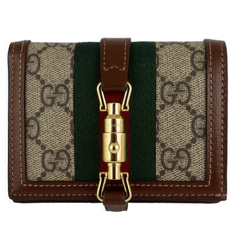 GUCCI Jackie 卡其駝花紋LOGO帆布皮飾邊金屬扣短夾