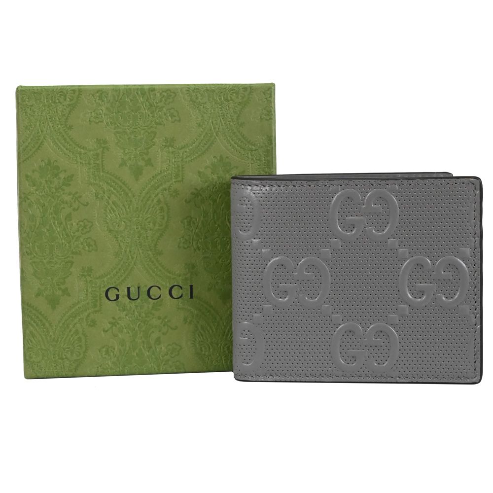 GUCCI 古馳  浮雕GG LOGO設計8卡對開短夾.灰