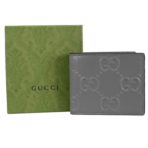 GUCCI 古馳 浮雕GG LOGO設計8卡對開短夾.灰