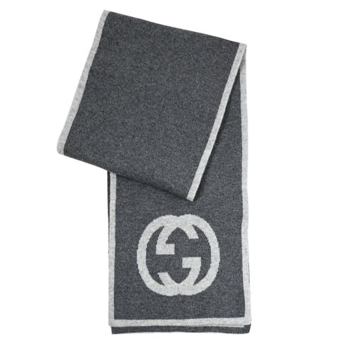 GUCCI 經典雙G LOGO簡約雙面保暖長圍巾.深灰