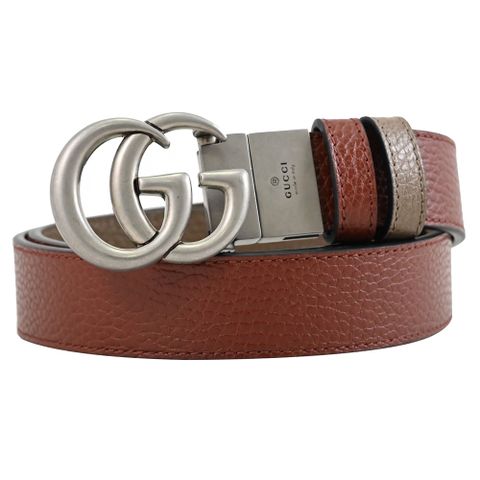 GUCCI GG Marmont 雙G LOGO雙面設計窄版皮帶.紅棕/咖