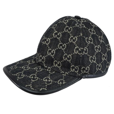 GUCCI 656206 經典緹花LOGO羊皮邊遮陽棒球帽.黑/黑邊