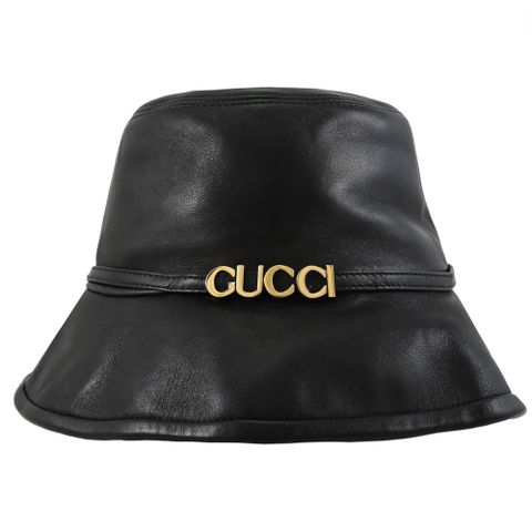 GUCCI 古馳 金屬LOGO羊皮造型漁夫帽.黑