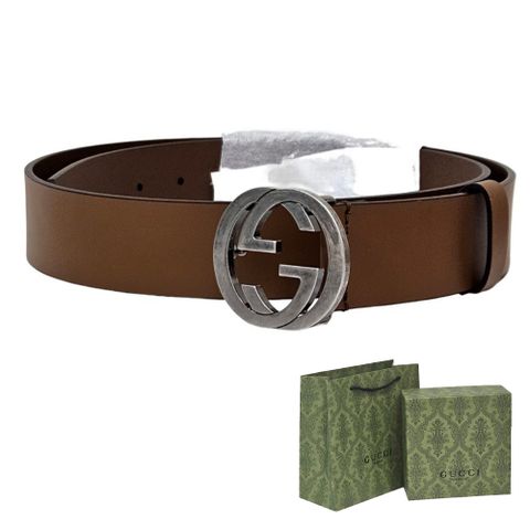 GUCCI 經典最新款式復古銀雙 G LOGO小牛皮棕色皮帶