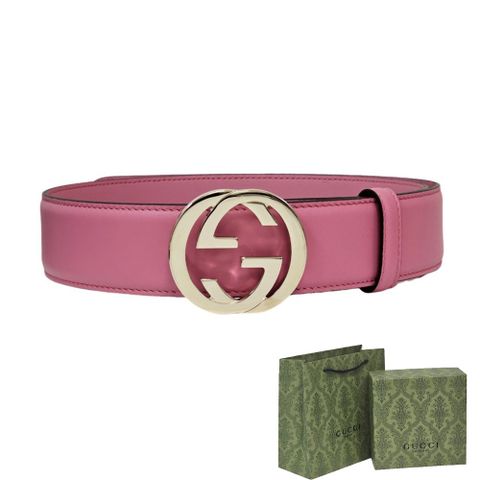 GG經典LOGO牛皮釦式皮帶  /粉色  /贈原廠防塵袋紙袋 (80CM)