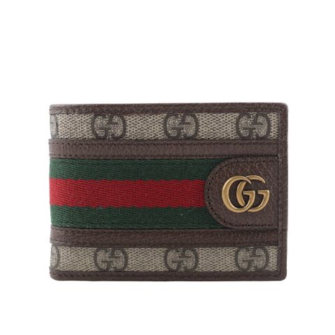 GUCCI Ophidia GG 塗層帆布綠紅迷你對開4卡短夾(米色/烏木色) 597610 96IWT 8745