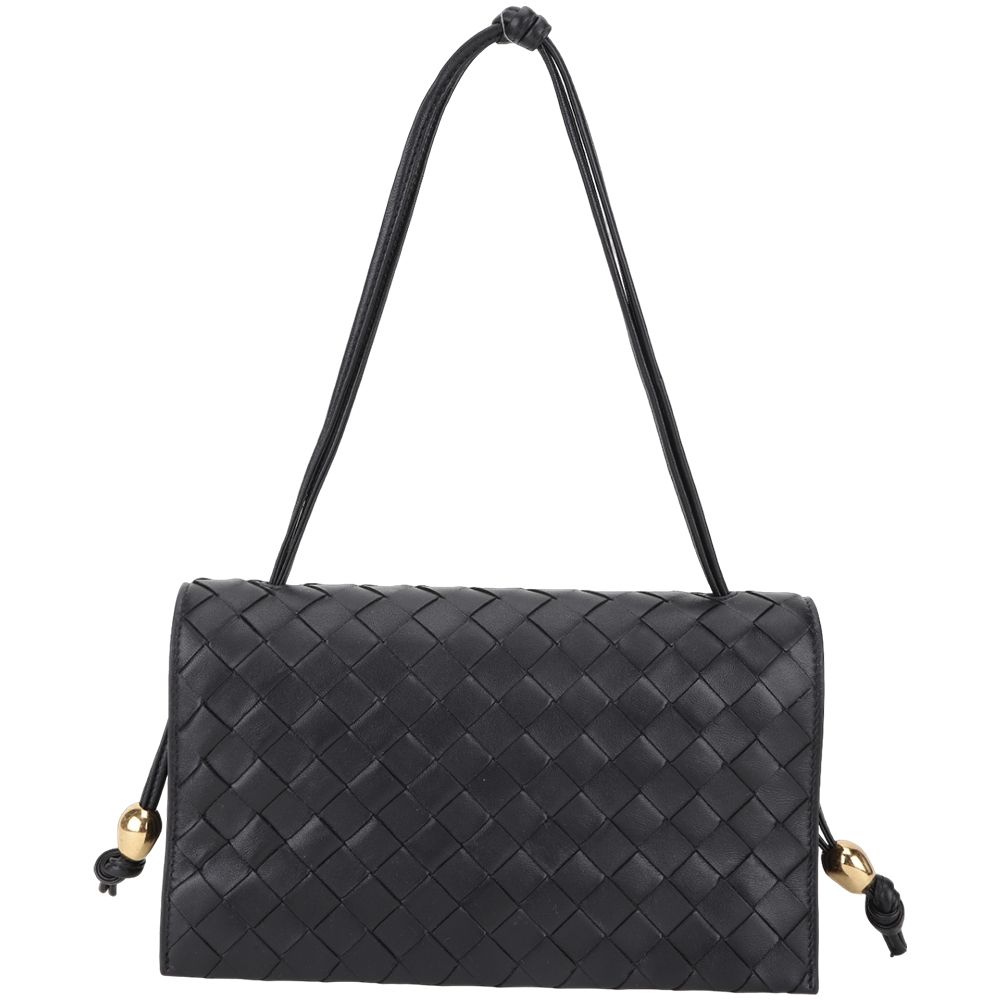 BOTTEGA VENETA 寶緹嘉 BV Bottega Trio Pouch On Strap 扭結繩帶小羊皮編織翻蓋風琴包(黑色)