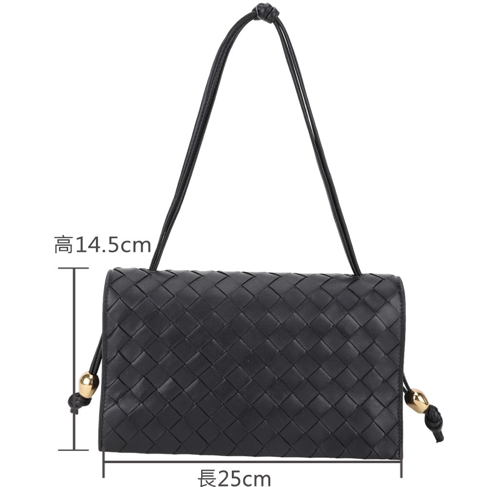 BOTTEGA VENETA 寶緹嘉 BV Bottega Trio Pouch On Strap 扭結繩帶小羊皮編織翻蓋風琴包(黑色)