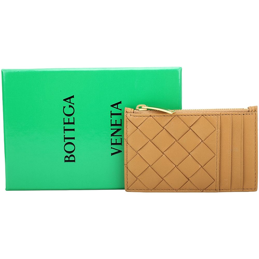 BOTTEGA VENETA 寶緹嘉  手工編織牛羊皮拉鍊卡片夾/零錢包(焦糖棕)