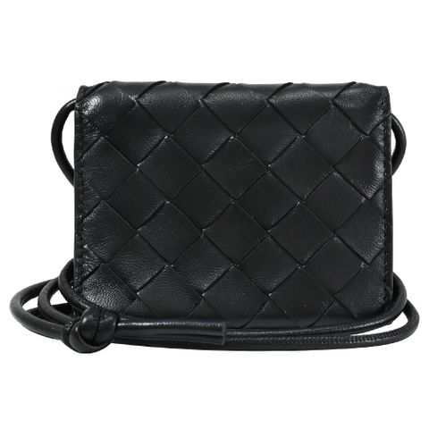 BOTTEGA VENETA 689527 經典編織斜背/頸掛零錢卡包.黑