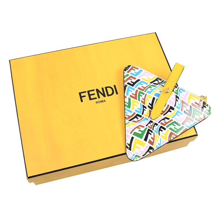 FENDI 芬迪  8M0456 滿版LOGO印花牛皮拉鍊零錢包.黃/白