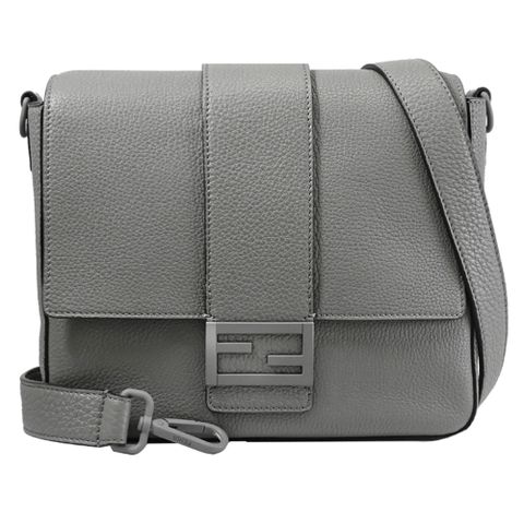 FENDI 7VA537 Baguette 經典LOGO牛皮翻蓋斜背方包.灰