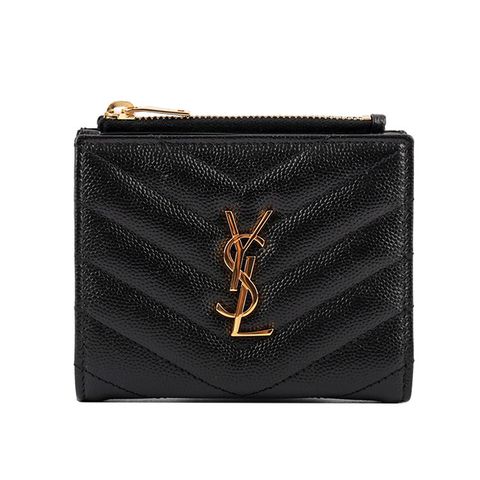 YSL 山形紋荔枝皮金字logo暗釦短夾(黑色) 575879 BOW01 1000