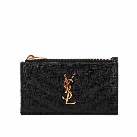 YSL 聖羅蘭 山形紋荔枝皮金字Logo拉鍊卡片/零錢夾(黑色) 607915 BOW01 1000