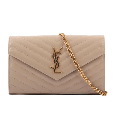 YSL 聖羅蘭 V紋荔枝皮金色LOGO WOC 斜背包(深米色) 377828 BOW01 2721