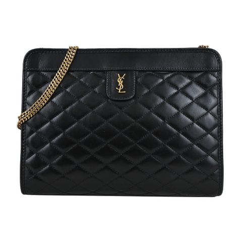 YSL 聖羅蘭 SAINT LAURENT VICTOIRE金屬LOGO縫線小羊皮肩背/斜背包(金X黑)