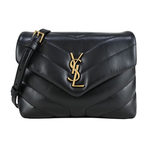 YSL LOULOU TOY牛皮 Y字縫線厚皮層翻蓋斜背包(金x黑)