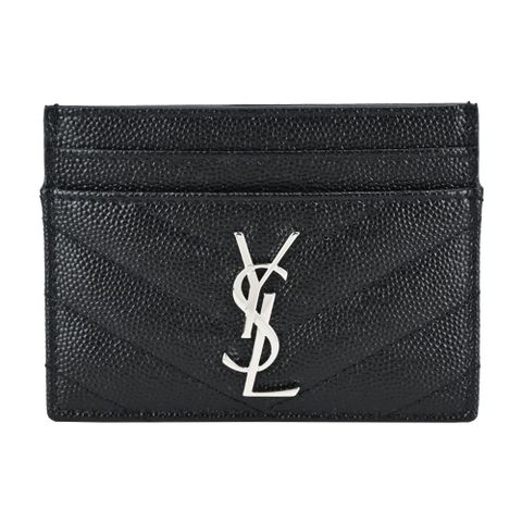 YSL 聖羅蘭 MONOGRAM系列V字縫線魚子醬牛皮金釦名片夾(銀/黑)