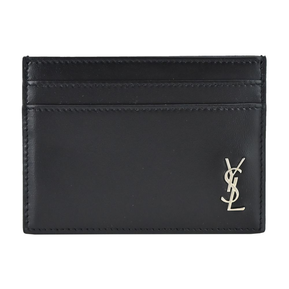 YSL 聖羅蘭 素面牛皮LOGO名卡夾(黑/銀)