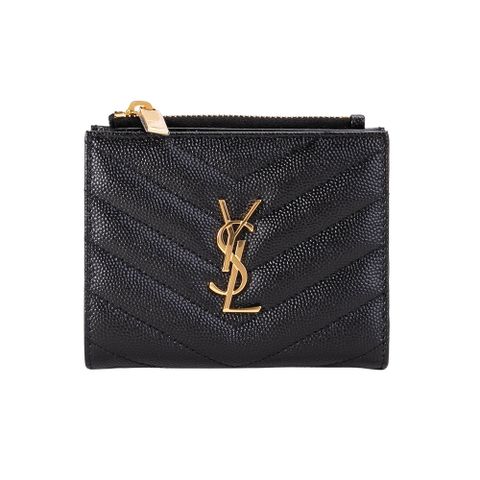 YSL MONOGRAM 魚子醬粒面壓紋對釦式短夾(金字-黑色)