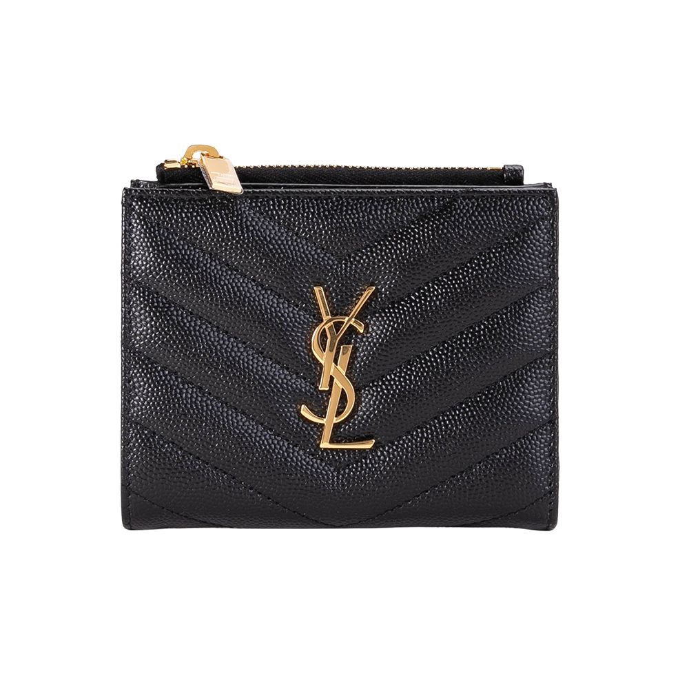 YSL 聖羅蘭 MONOGRAM 魚子醬粒面壓紋對釦式短夾(金字-黑色)
