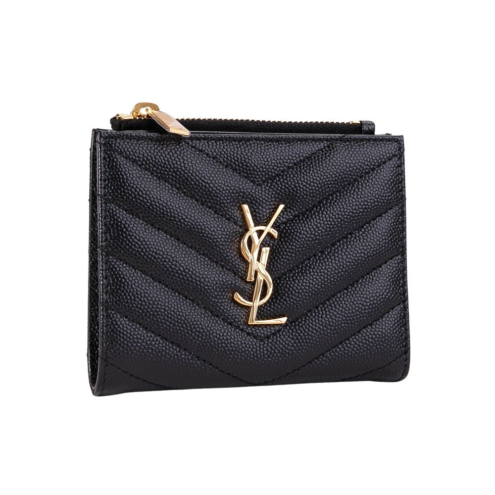 YSL 聖羅蘭 MONOGRAM 魚子醬粒面壓紋對釦式短夾(金字-黑色)