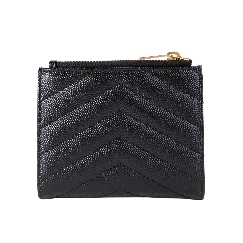YSL 聖羅蘭 MONOGRAM 魚子醬粒面壓紋對釦式短夾(金字-黑色)