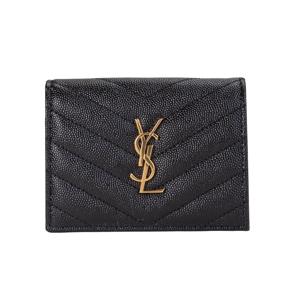 YSL 聖羅蘭 MONOGRAM 魚子醬粒面壓紋釦式短夾(金字-黑色)