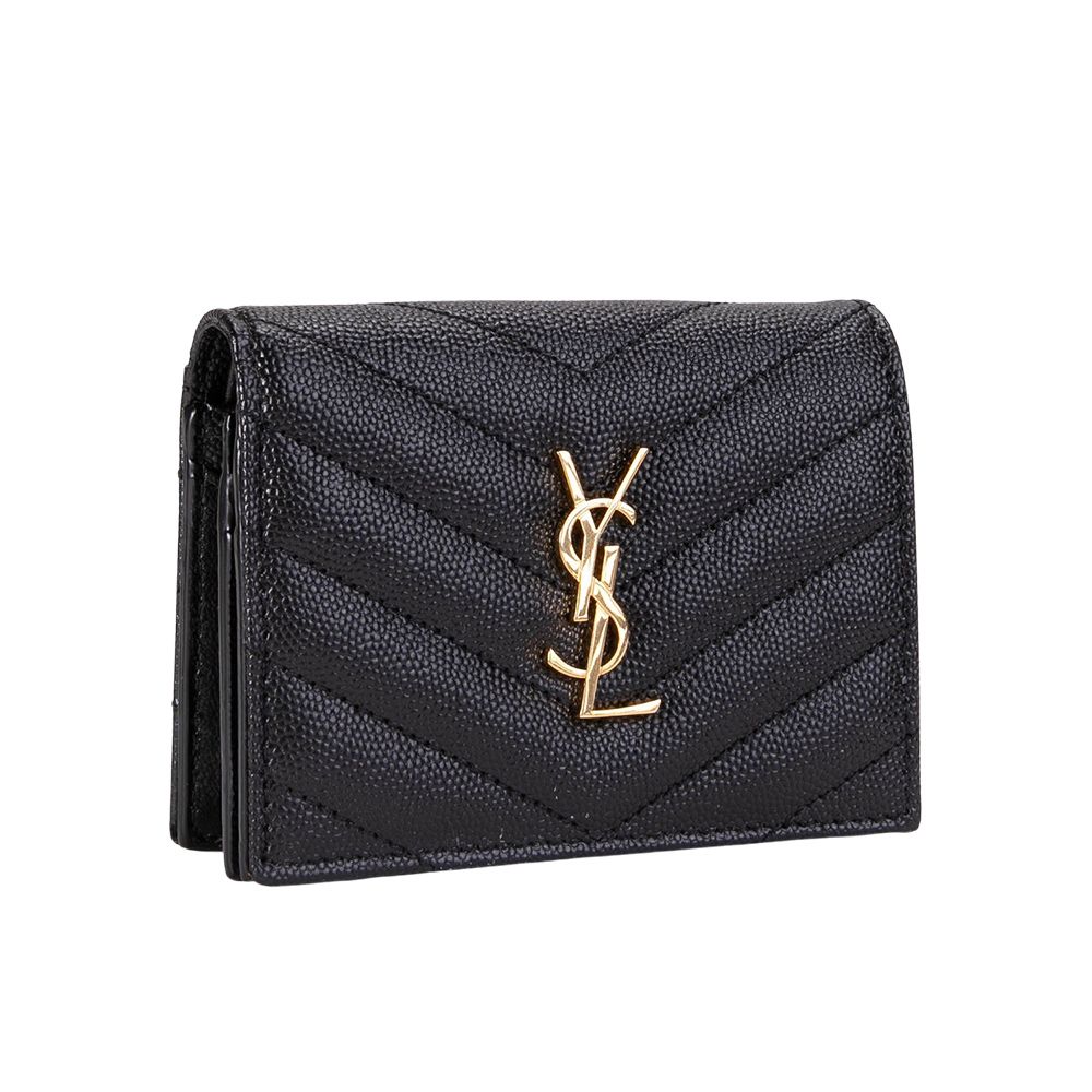 YSL 聖羅蘭 MONOGRAM 魚子醬粒面壓紋釦式短夾(金字-黑色)